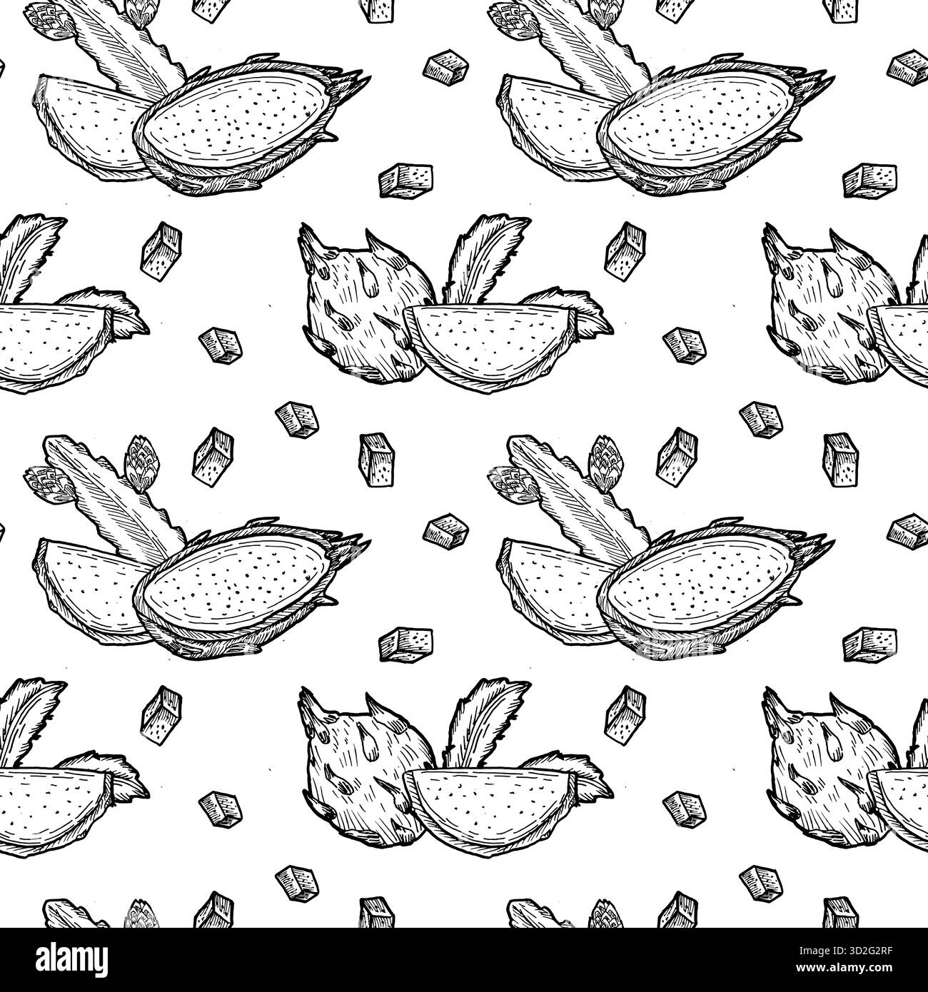 Linienart Drachenfrucht Muster. Stellen Sie den Hintergrund zu frischen Speisen mit pitaya dar. Sommermuster mit tropischen Früchten für Verpackungen, Textilien, Stoff und Ausmalseiten Stock Vektor