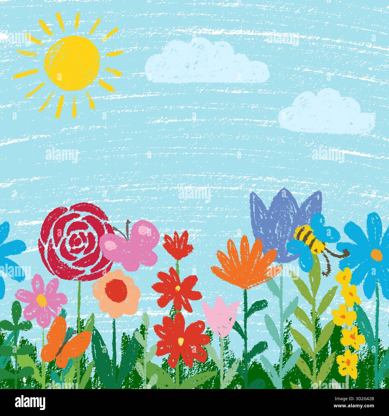 Kid Doodle Hand Zeichenstift, Wachs, Bleistift, Kreide oder Kohle Textur. Kindliche Blumen Pflanzen, Gras und Himmel Hintergrund. Feld, Wiese, Garten Stock Vektor