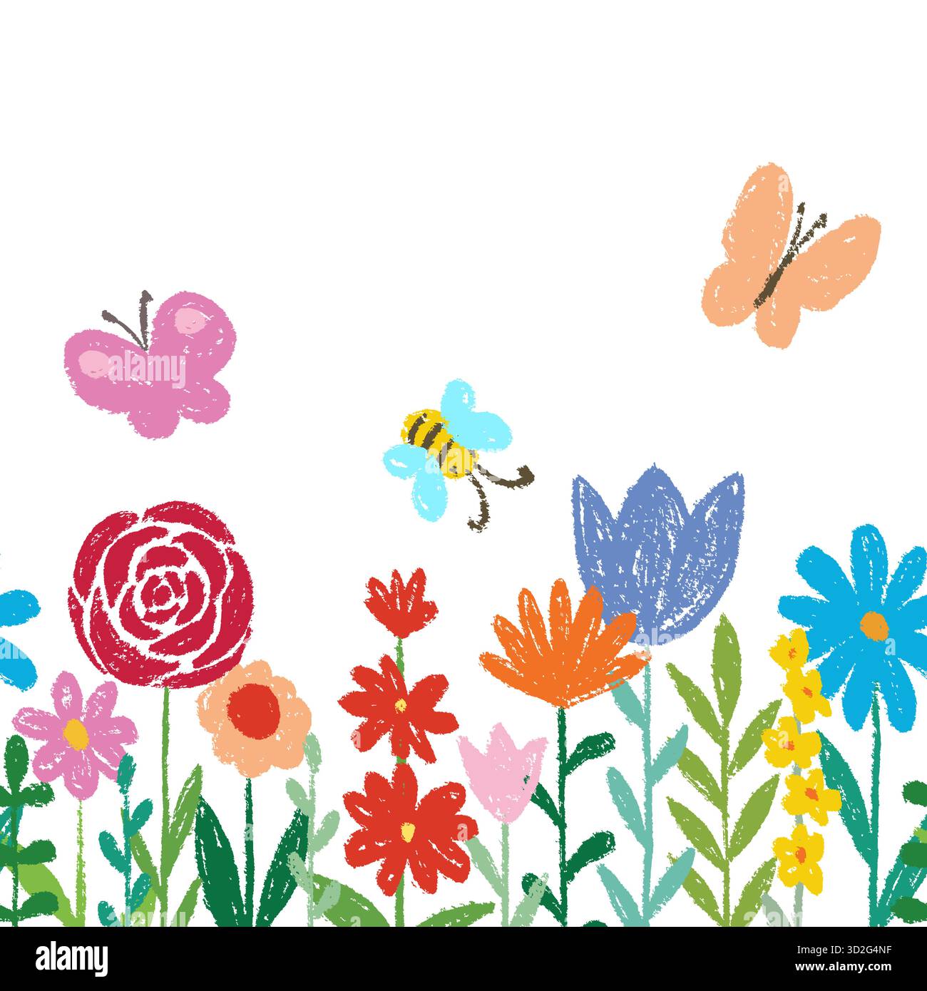 Kid Doodle Hand Zeichenstift, Wachs, Bleistift, Kreide oder Kohle Textur. Kindliche Blumen Pflanzen, Gras und Himmel Hintergrund. Feld, Wiese, Garten Stock Vektor