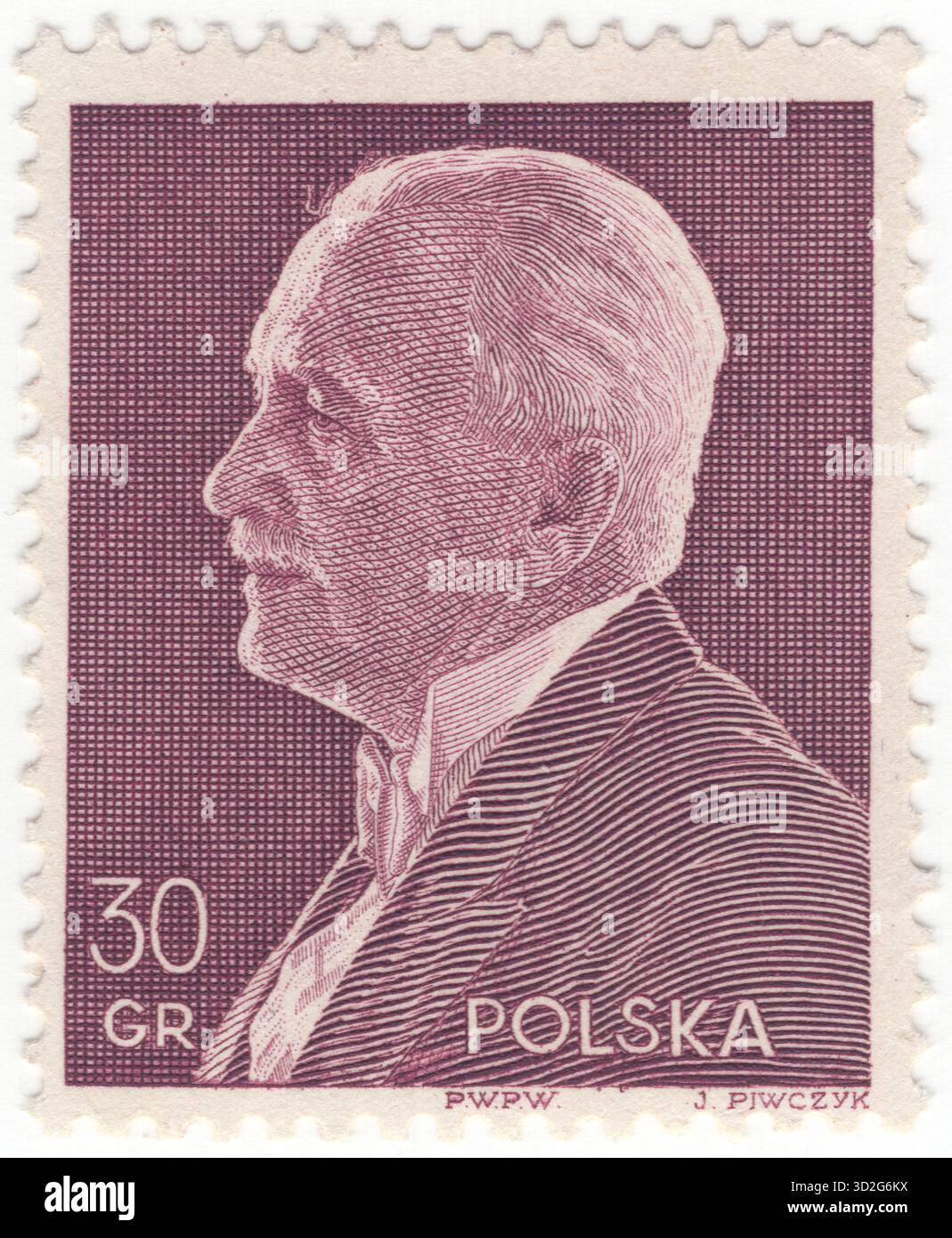 POLEN — 1. Februar 1938: 30 grossige rosa-violette Briefmarke mit Porträt von Präsident Ignacy Moscicki. Er war ein polnischer Chemiker und Politiker, der von 1926 bis 1939 Präsident des Landes war. Er war der am längsten amtierende Präsident der polnischen Geschichte. Mościcki war der Präsident Polens, als Deutschland am 1. September 1939 in das Land einmarschierte und den Zweiten Weltkrieg begann. Mościcki war die führende gemäßigte Persönlichkeit des Regimes, das wegen der großen Präsenz von Militärs in der polnischen Regierung als „Colonels-Regierung“ bezeichnet wurde Stockfoto