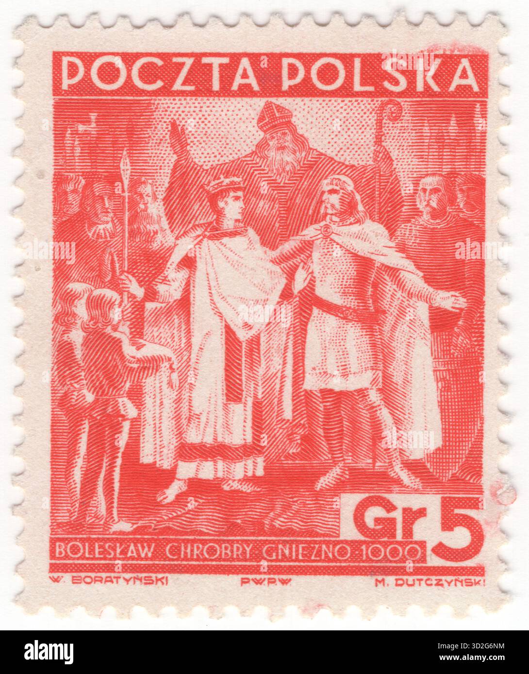 POLEN — 11. November 1938: 5 grosze rot-orange Briefmarke mit Boleslaus I. und Kaiser Otto III. In Gnesen, 20. Jahrestag der polnischen Unabhängigkeit. Gniezno ist eine Stadt im Mittelwesten Polens, etwa 50 Kilometer (31 Meilen) östlich von Poznań. Die Bevölkerung betrug 2021 66.769, womit sie die sechstgrößte Stadt in der Woiwodschaft Großpolen ist. Als eine der wichtigsten Städte der Piastendynastie war sie die erste historische Hauptstadt Polens im 10. Und frühen 11. Jahrhundert und wurde in Quellen des 10. Jahrhunderts erwähnt, darunter möglicherweise der Dagome Iudex, als Hauptstadt von Piast Polen Stockfoto