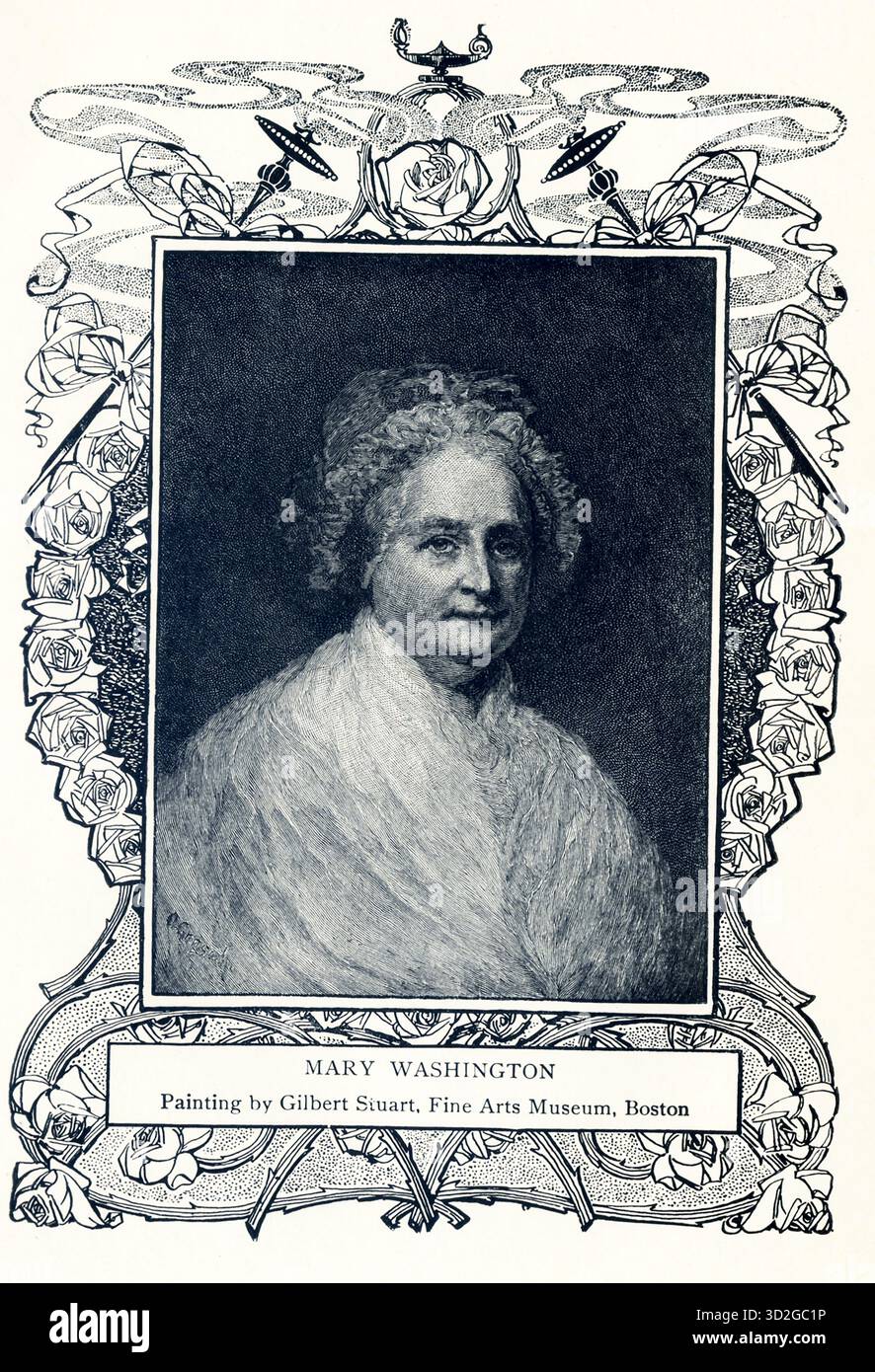 Dieses Bild aus dem Jahr 1899 ist eine Kopie des Porträts von Gilbert Stuart von Martha Washington – die Bildunterschrift lautet „Mary“. Martha Dandridge Custis (1731–1802) war die Ehefrau von George Washington, dem ersten Präsidenten der Vereinigten Staaten. Sie wurde auf einer Plantage in der Nähe von Williamsburg, Virginia, geboren. Ihr erster Ehemann war Daniel Parke Custis, ein wohlhabender Landbesitzer. Er starb 1757. 1759 heiratete sie Washington. Gilbert Stuart war ein US-amerikanischer Maler, der in der Rhode Island Colony geboren wurde und weithin als einer der führenden Porträtisten Amerikas gilt. Sein bekanntestes Werk ist ein unvollendetes Porträt von George Washington, Beg Stockfoto