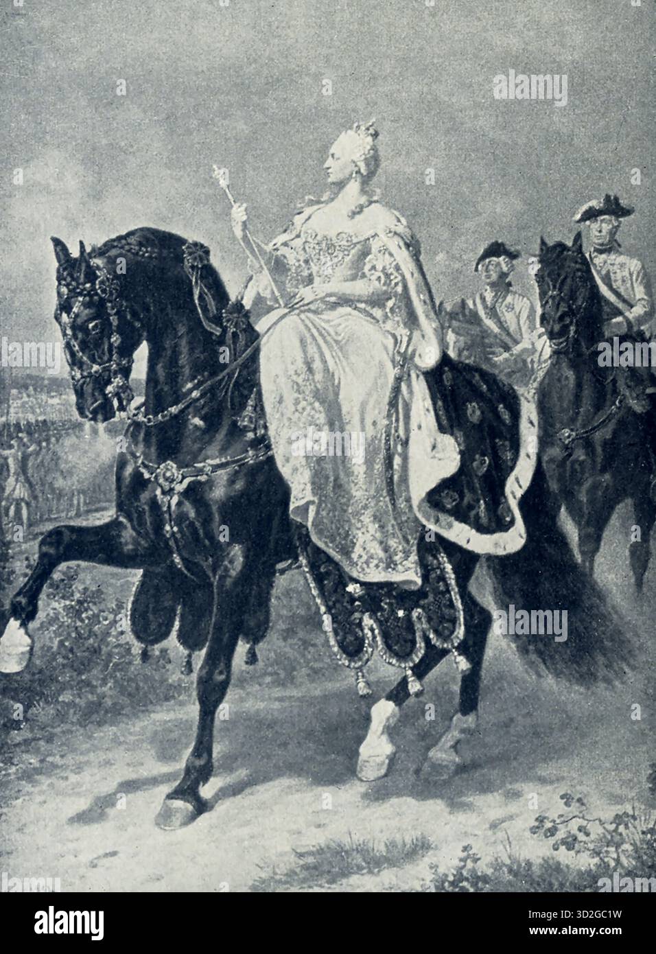 Dieses Bild von 1899 zeigt die Kaiserin Maria Theresia, die die Truppen regiert. Das Werk basiert auf einem Gemälde von W. Camphausen. Maria Theresia (1717–1780) war Kaiserin als Gemahlin von Franz I., der von 1745 bis 1765 regierte, und Königin von Böhmen und Ungarn (1740–1780). Sie war die Tochter von Kaiser Karl VI. Sie folgte in die Habsburger Länder. Während ihrer Regierungszeit wurde Wien mit Gluck und Mozart zum bedeutendsten musikalischen Zentrum Europas. Wilhelm Camphausen (* 1885) war ein deutscher Maler, der sich auf historische und Schlachtszenen spezialisiert hat Stockfoto