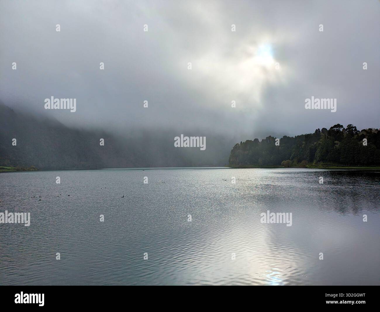 Landschaft mit einem See und Bergen an einem nebeligen Morgen. Insel Sao Miguel, Azoren, Portugal Stockfoto