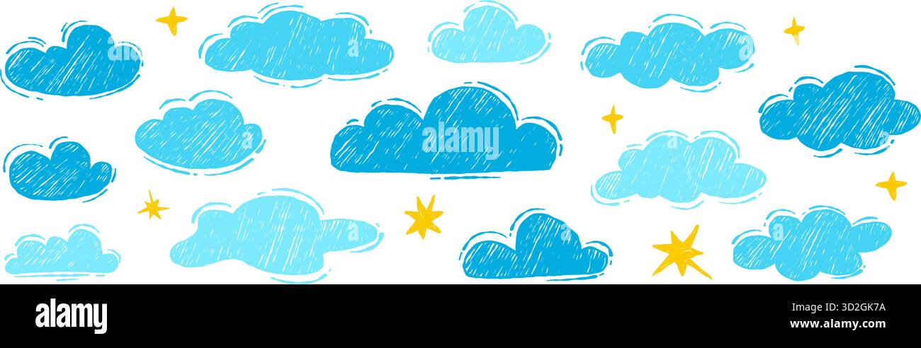 Buntstift gefüllt Blaue Wolken und gelbe Sterne Set. Isolierte Krümmungskreide, Strukturierte Freiform, Handgezeichnet. Kindisch naive Doodles-Symbole. Vektorillustraten Stock Vektor