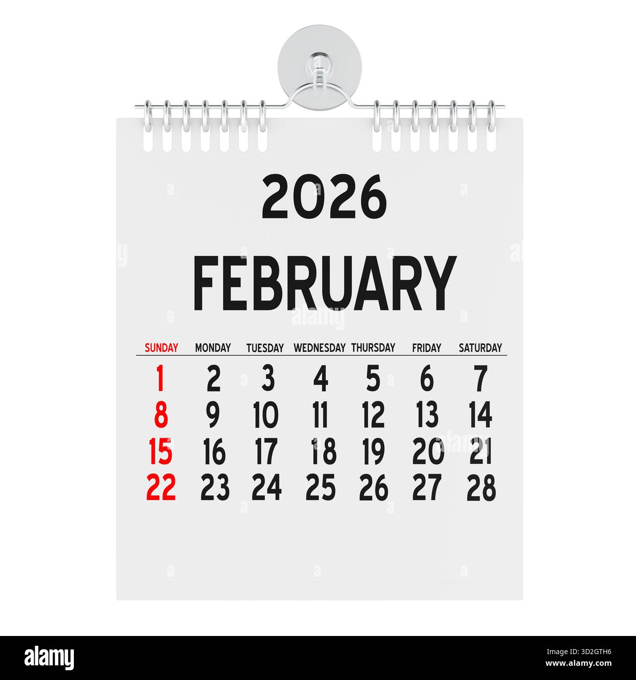 Februar 2026, Wandkalender. 3D-Rendering isoliert auf weißem Hintergrund Stockfoto