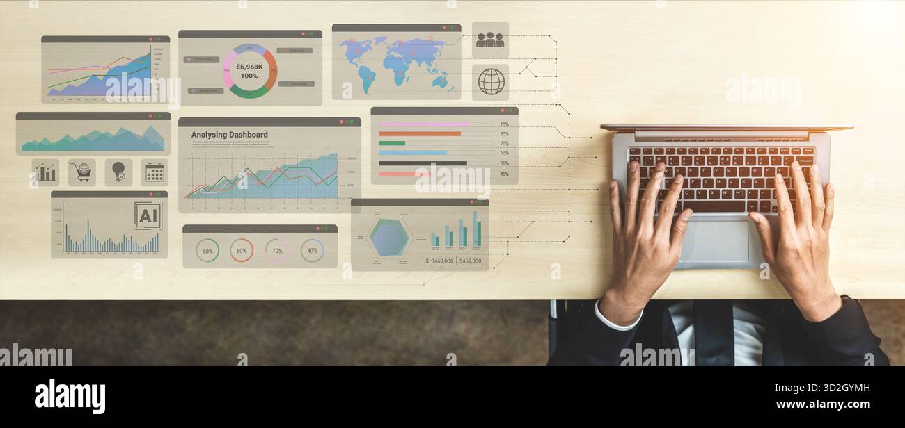 Daten-Dashboards mit Diagrammen, Diagrammen, Karten und Metriken, die globale Vertriebsanalyse und Analyse der Geschäftsleistung darstellen Stockfoto