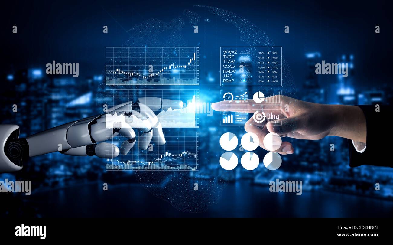 Futuristische Interaktion zwischen menschlicher Hand und Roboterhand mit Datenvisualisierung im Hintergrund. Stockfoto