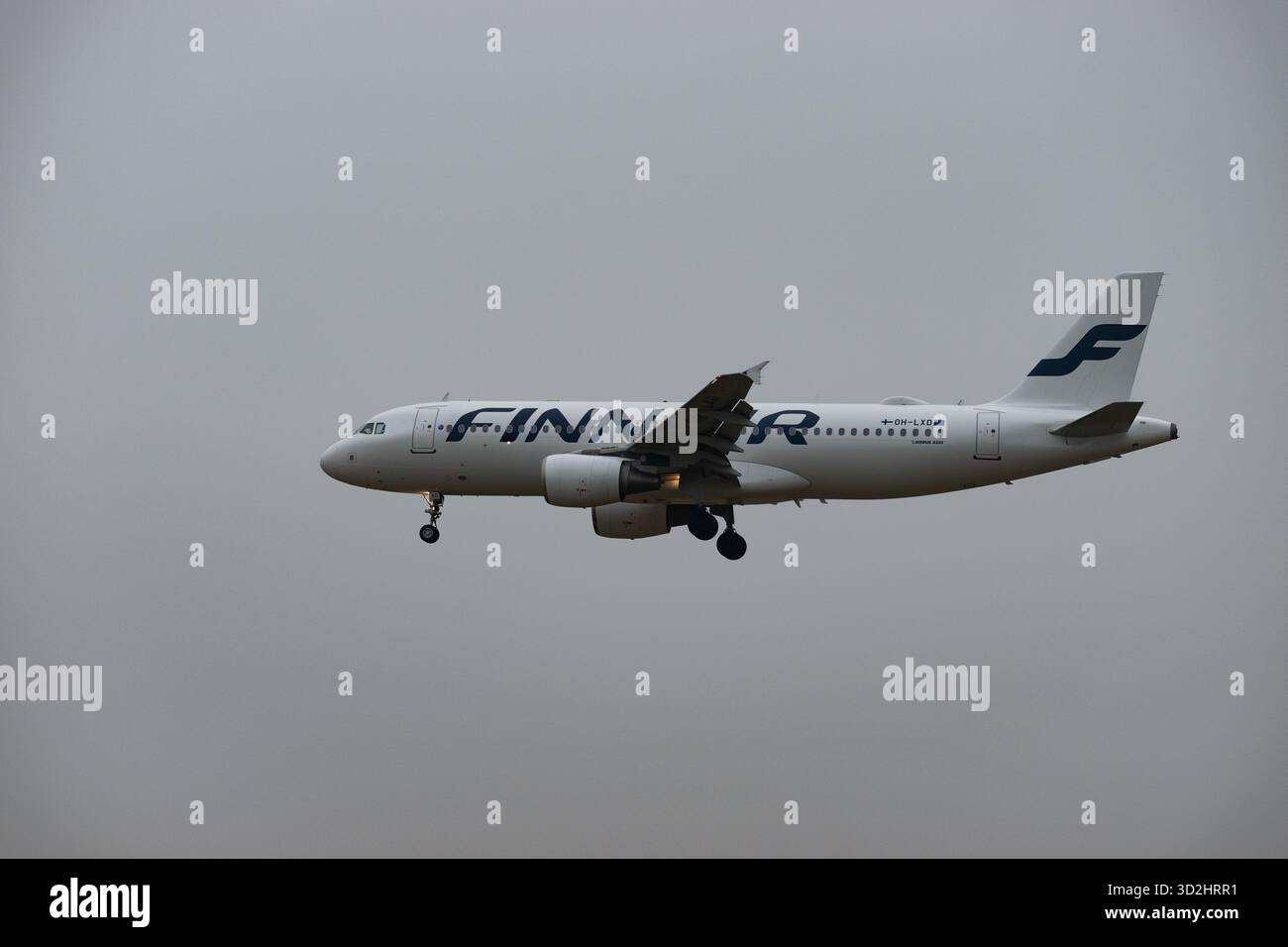 Zürich, Schweiz, 19. Januar 2025 UH-LXD Finnair Airbus A320-214 landet an einem sehr nebeligen Tag auf der Landebahn 14 Stockfoto