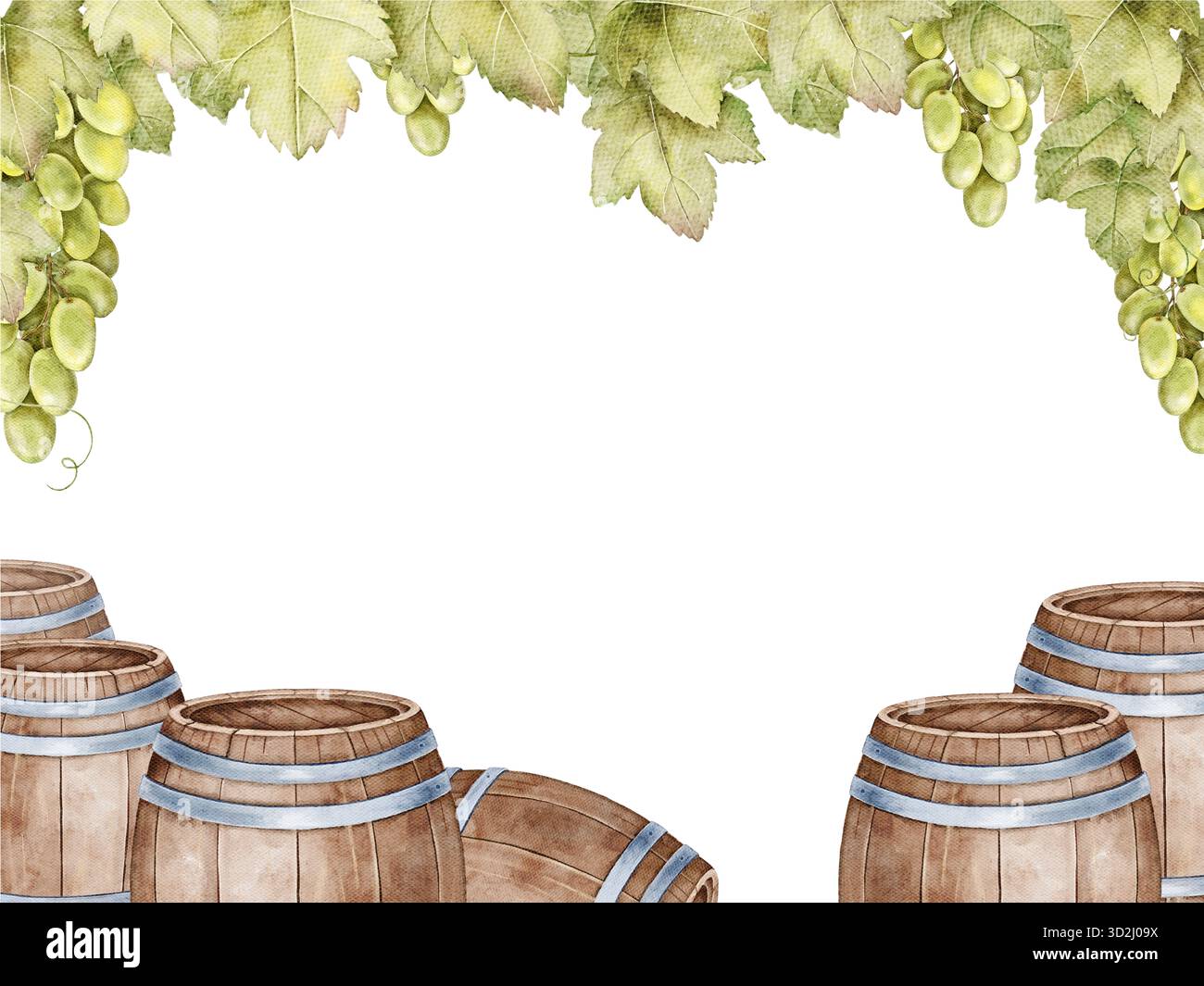 Aquarellrahmen mit mehreren Holzfässern, grünen Trauben und Weinblättern an den Rändern. Perfekt für Einladung zum Weinfest, Verkostungsmenü, drin Stockfoto