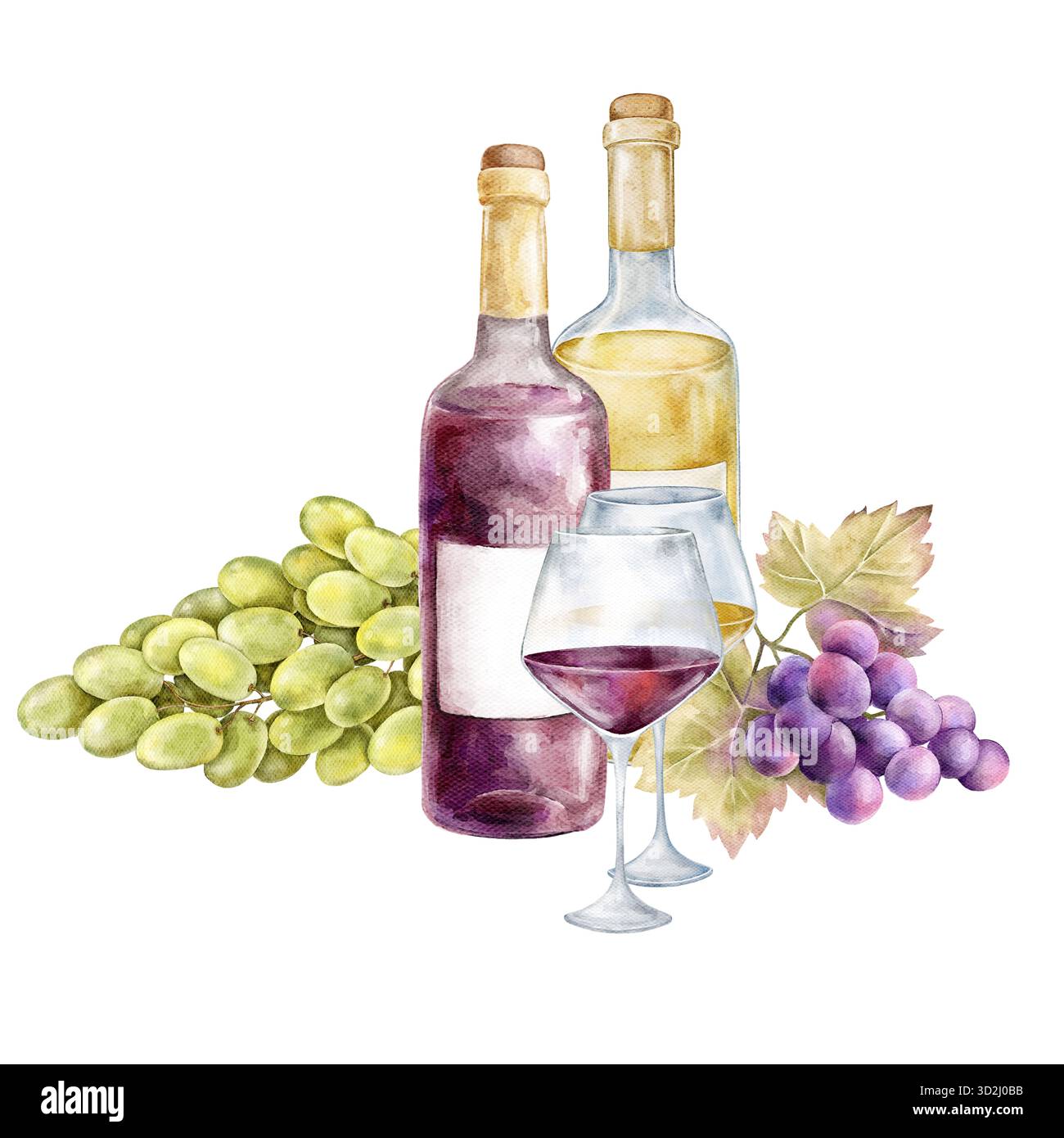 Aquarellkomposition mit Rot- und Weißweinflaschen, Weingläsern und Trauben. Perfekt für Weinberg-Branding, elegante Lebensmittelverpackung, Restaurant dez Stockfoto