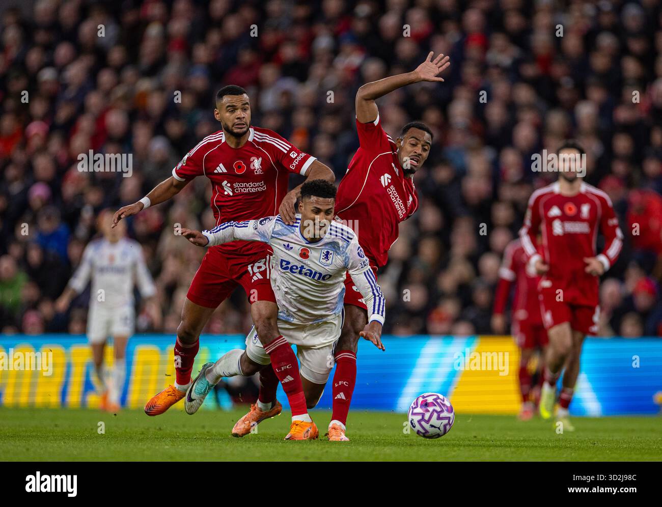 (251102) -- LIVERPOOL, 2. November 2025 (Xinhua) -- Ollie Watkins von Aston Villa wird von Cody Gakpo (L) und Ryan Gravenberch (R) während des englischen Premier League Spiels zwischen Liverpool FC und Aston Villa FC am 1. November 2025 in Liverpool, Großbritannien, herausgefordert. (XINHUA) NUR FÜR REDAKTIONELLE ZWECKE. NICHT ZUM VERKAUF FÜR MARKETING- ODER WERBEKAMPAGNEN. KEINE VERWENDUNG MIT NICHT AUTORISIERTEN AUDIO-, VIDEO-, DATEN-, REGALLISTEN, CLUB-/LEAGUE-LOGOS ODER LIVE-DIENSTEN. ONLINE-IN-MATCH-NUTZUNG AUF 45 BILDER BESCHRÄNKT, KEINE VIDETEMULATION. KEINE VERWENDUNG BEI WETTEN, SPIELEN ODER PUBLIKATIONEN FÜR EINZELNE CLUBS/LIGA/SPIELER. Stockfoto