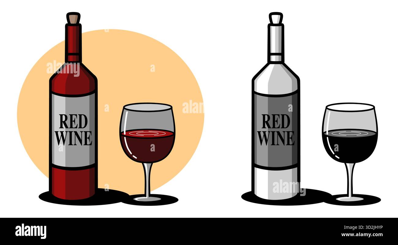 Rotweinflasche und Glas Illustration, Vektorsymbol in Farbe und monochrom Stock Vektor
