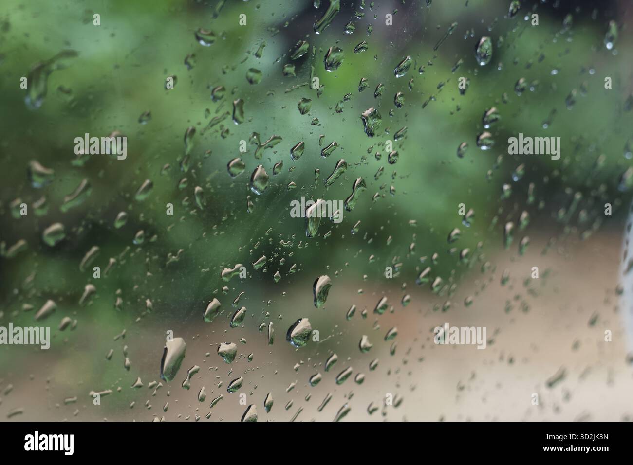 Moody abstrakter Hintergrund von Regenwassertropfen auf Fensterglas. Grüne Natur im Freien sorgt für ruhige und feuchte Wetterszenen, perfekt für friedliche oder traurige Gäste Stockfoto