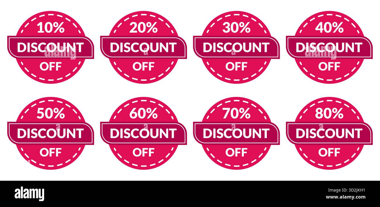 Helle rosa Verkaufsetiketten Vektor-Set mit verschiedenen Prozentsätzen Rabatt Angebots-Etikettendesign isoliert auf weißem Hintergrund, der Preisförderung darstellt Stock Vektor