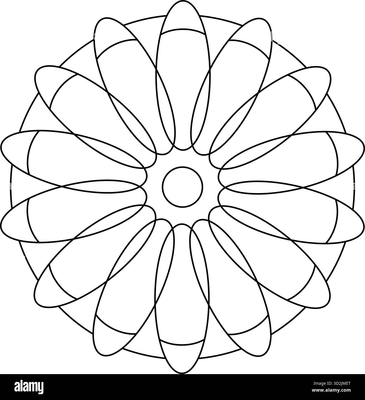 Symmetrische Linienkunstblume mit überlappenden Blütenblättern und geometrischem Mandala-Design isoliert auf weißem Hintergrund elegante dekorative Blume Stock Vektor