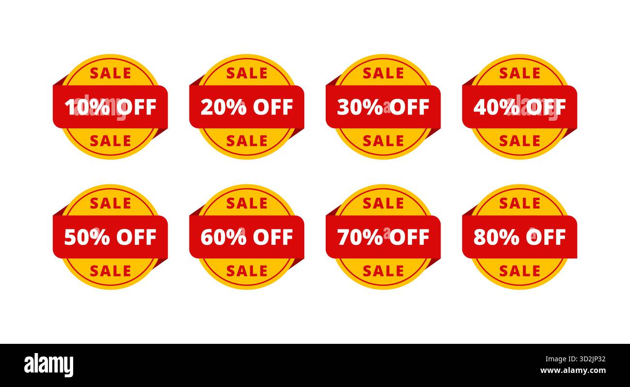 Set aus kreisförmigen Verkaufsaufklebern mit rotem und gelbem Design mit Rabattprozentsätzen von zehn bis achtzig Prozent, ideal für Werbeanzeigen im Einzelhandel Stock Vektor