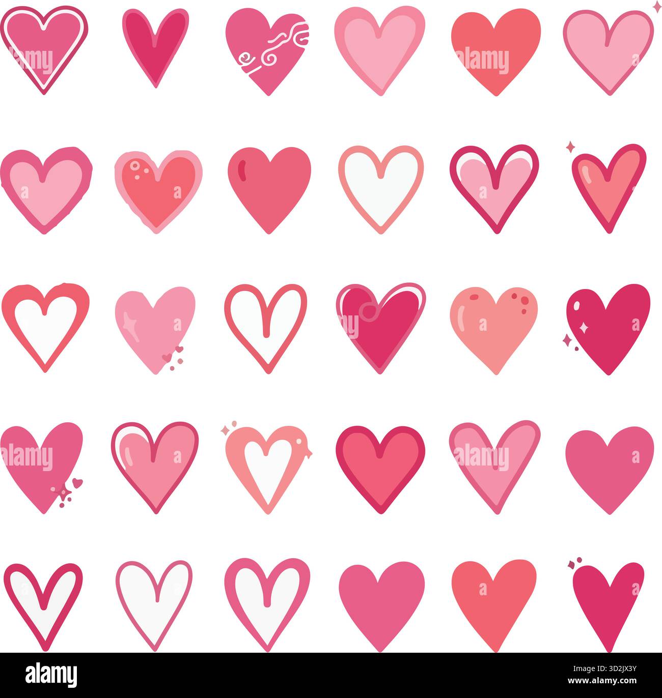 Pink Hearts Seamless Pattern, ein Valentinstag-Kritzelvektor-Set mit sich wiederholenden Reihen verschiedener handgezeichneter Herzmotive für Tapeten, Verpackung Stock Vektor