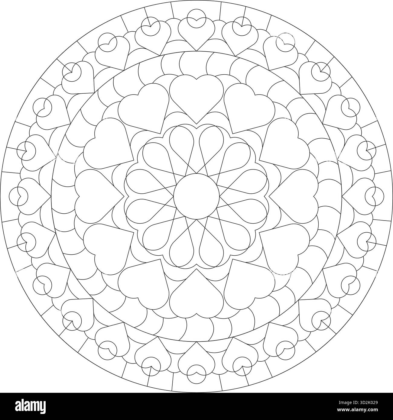 Das schwarze Muster mit Herz-Mandala-Muster und detaillierter Blumensymmetrie sorgt für ein entspannendes, dekoratives, kreisförmiges Design, das sich perfekt zum Ausmalen von Seiten eignet Stock Vektor