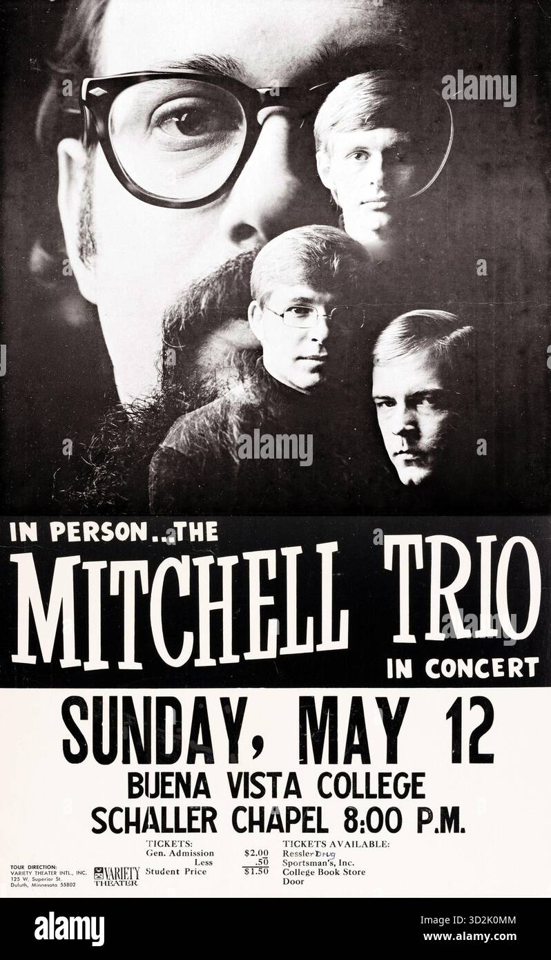 The Mitchell Trio (mit John Denver) Storm Lake, Buena Vista College, Schaller Chapel, Iowa Vintage Concert Poster, 12. Mai 1968 Stockfoto