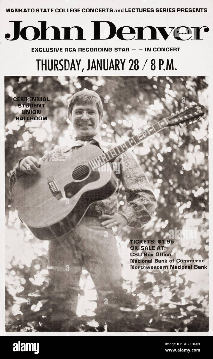John Denver im Centennial Student Union Ballroom der Minnesota State University, Mankato am Donnerstag, 28. Januar 1971. Vintage-Konzertposter Stockfoto