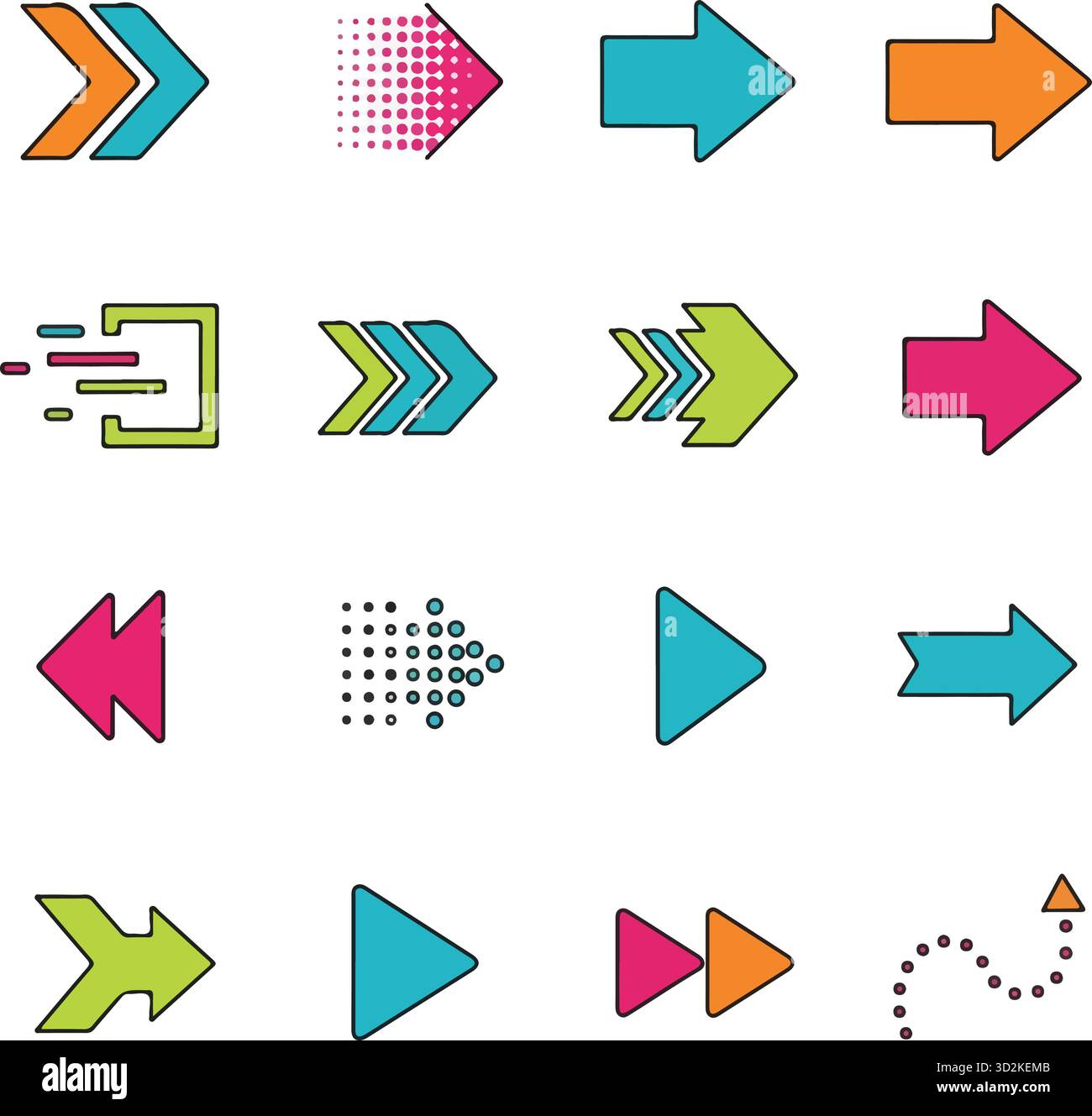 Schwarzer Pfeil-Symbolsatz, verschiedene Symbole für Verpackung, Bewegungszeiger, Media Player-Bedienelemente, Wegbeschreibungen und UI-Schaltflächen in flachem Vektor-styl Stock Vektor