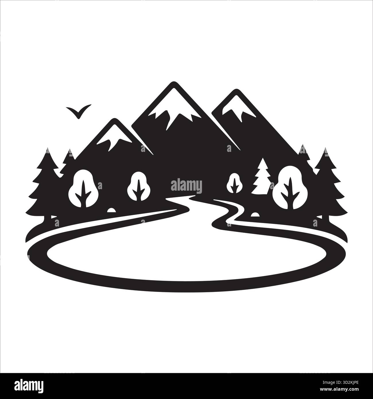 Berglandschaft mit Wald, Fluss und Vogelsymbol Stock Vektor