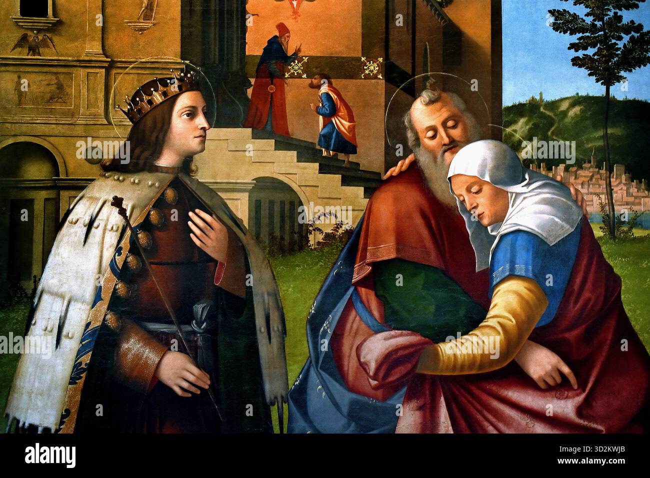 Incontro di Gioacchino e Anna con San Luigi IX e Santa Libera - Treffen von Joachim und Anna mit Saint Louis IX und Saint Libera, Italien, Italienisch, (Louis IX, allgemein bekannt als Saint Louis, war König von Frankreich 1214-1270) Vittore Carpaccio (Venedig 1460-1526) Italien Italienisch Stockfoto
