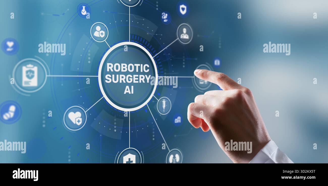Ein Roboterchirurgiesystem mit KI führt einen präzisen minimalinvasiven Eingriff durch. Stockfoto