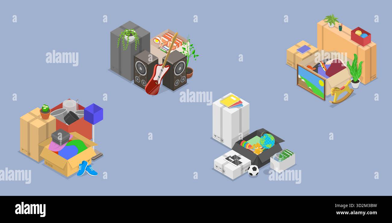 3D Isometrischer flacher Satz von Materialien zum Umziehen, Kisten mit Gegenständen Stockfoto