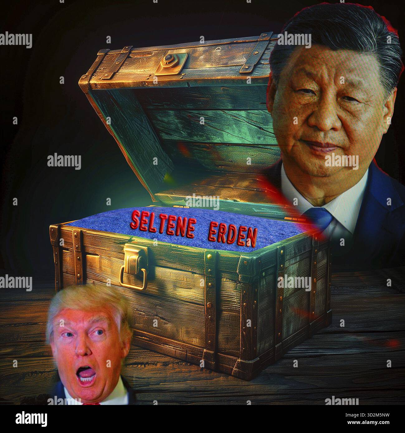 Symbolisches Bild, seltene Erden, abhängig von China mit 90% Rohstoffbesitz, Abhängigkeit der Industrie, seltene Erden für Europa und USA, Trump und Xi Jin Stockfoto