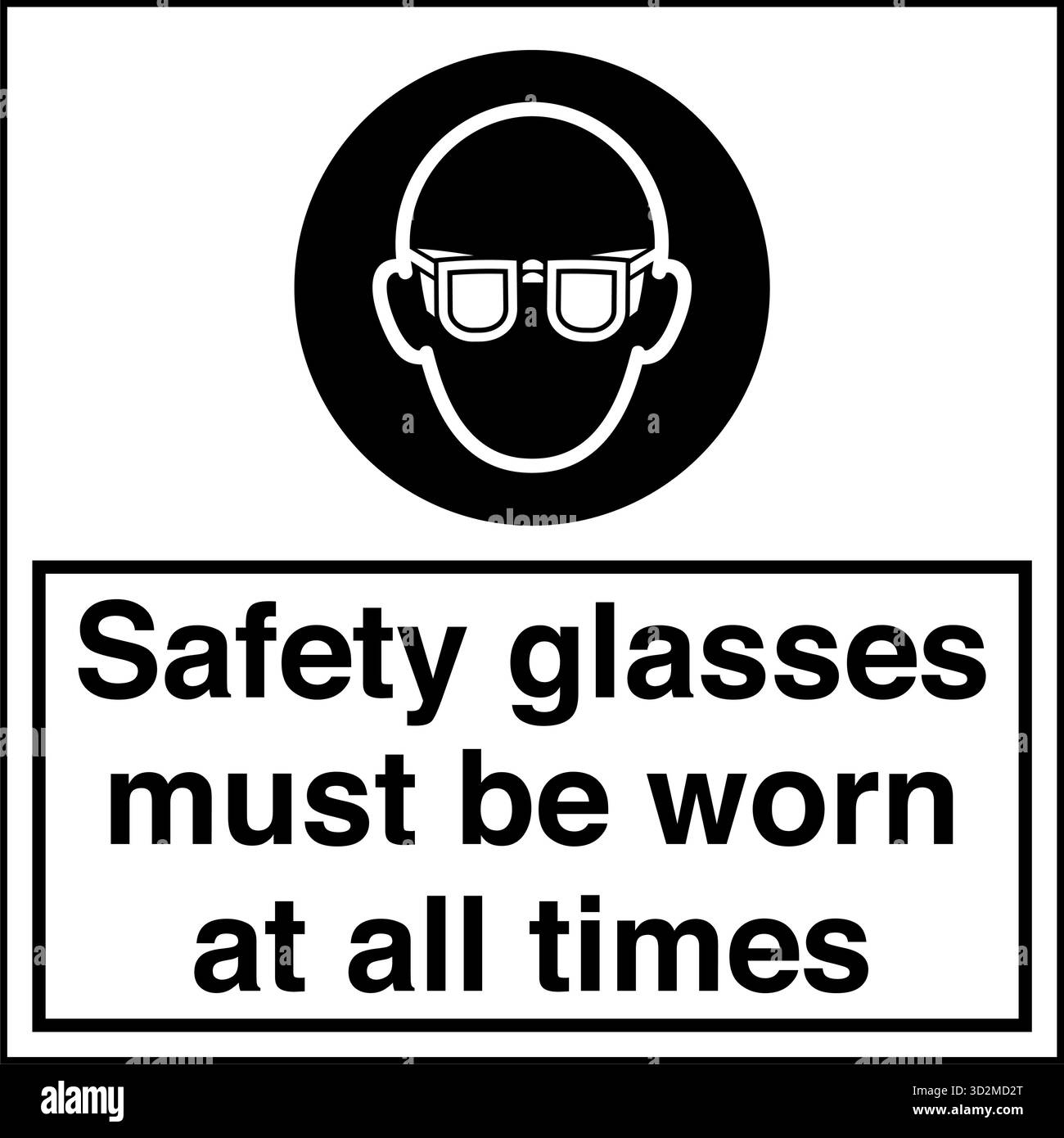Sicherheitsschild – das Tragen von Augenschutz erinnert die Arbeiter daran, in Bereichen, in denen umherfliegende Fremdkörper, Chemikalien oder Partikel ein Risiko darstellen, eine Schutzbrille zu tragen. Stock Vektor