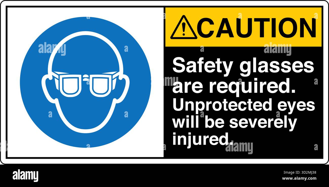 Sicherheitsschild – das Tragen von Augenschutz erinnert die Arbeiter daran, in Bereichen, in denen umherfliegende Fremdkörper, Chemikalien oder Partikel ein Risiko darstellen, eine Schutzbrille zu tragen. Stock Vektor
