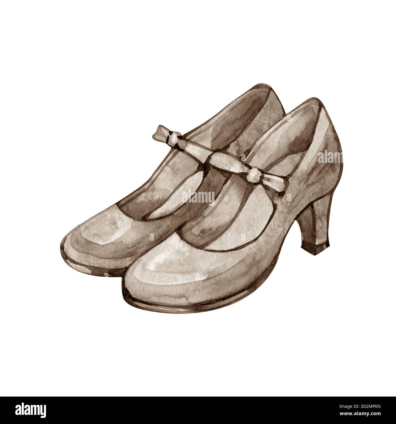 Aquarellillustration von Vintage Mary Jane Schuhen in Sepia-Tönen, handgemalte elegante feminine Schuhe, klassisches Retro-Design isoliert auf Stockfoto