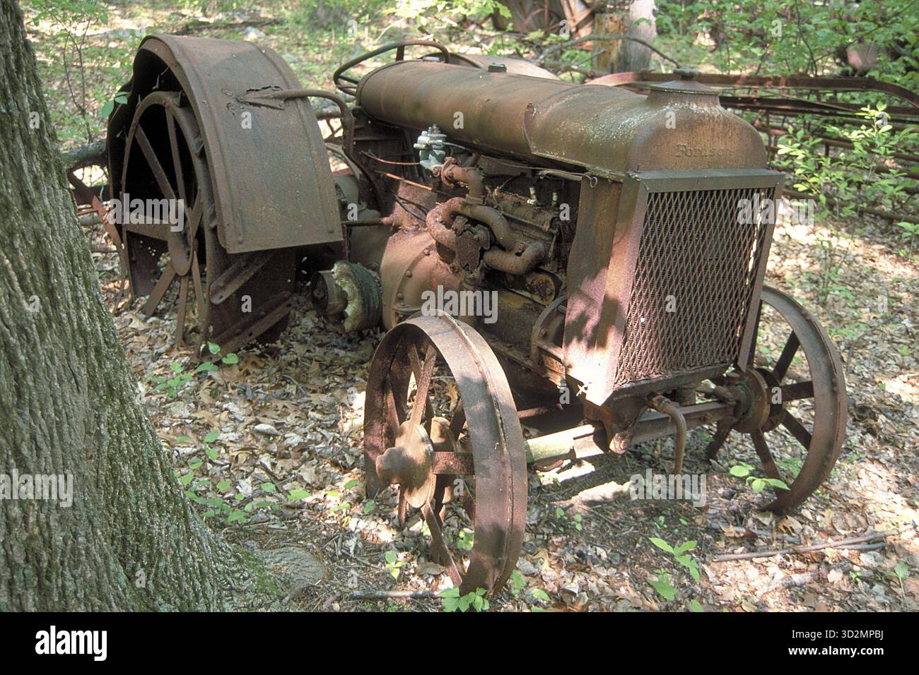Rostiger amerikanischer Fordson-Traktor um 1900, abgeladen in einem Waldgebiet in Marksboro, New Jersey, USA Stockfoto