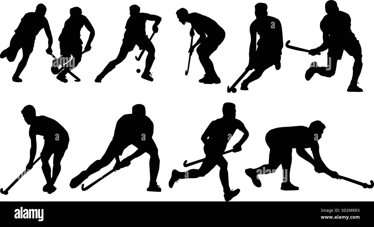 Hockey Sport Action Silhouette Set Kollektion zeigt Spieler in Bewegung, Stick Handling, Schießen und Torhüter-Posen für sportliche Design-Themen Stock Vektor