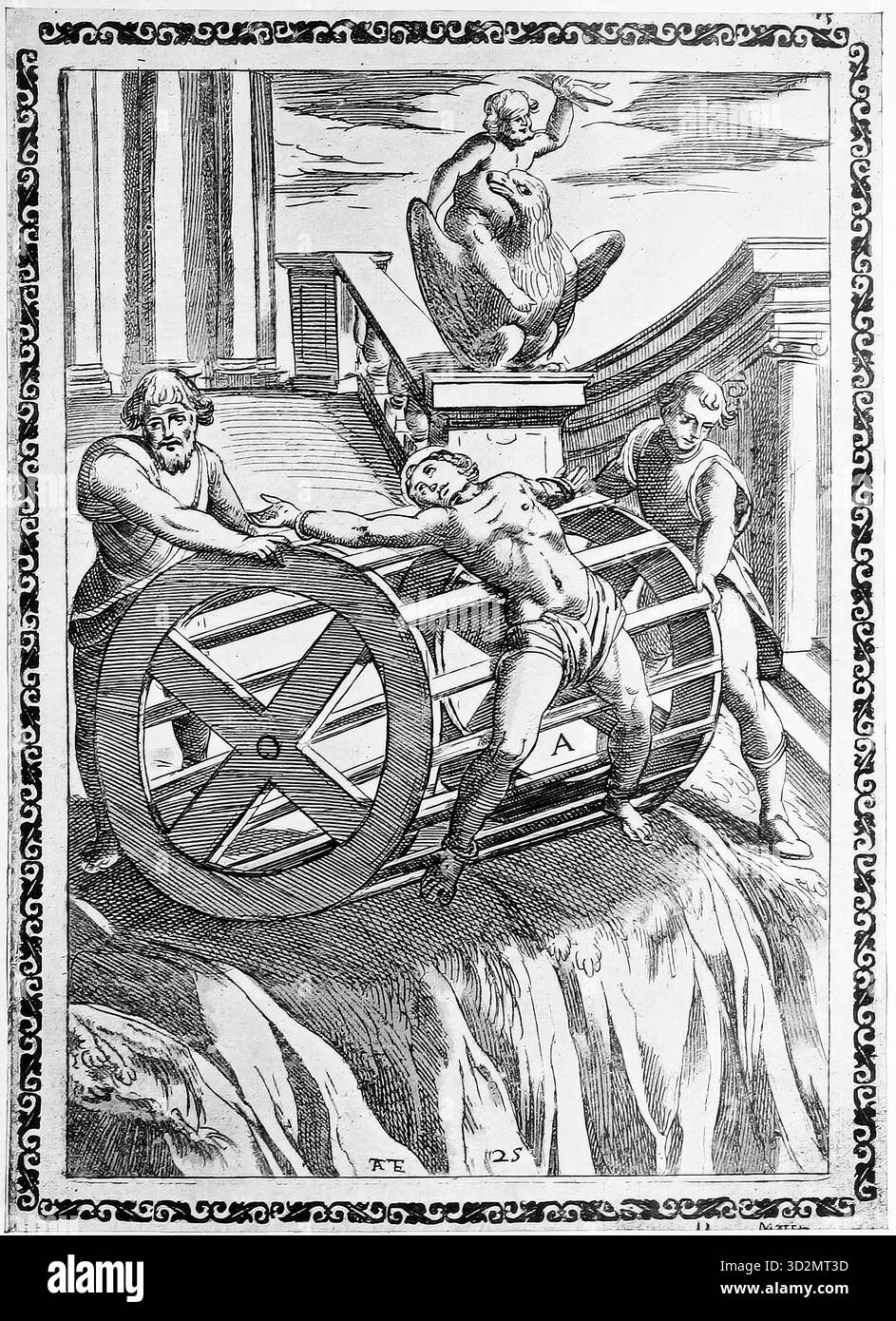Folter, Qual, Inquisition. Manchmal wurden die Verurteilten an den Umfang großer Räder gebunden und so aus großer Höhe auf steinigen Boden geworfen. Illustration, Reproduktion eines Originals aus dem 16. Jahrhundert, Mittelalter, authentisch, Datei für optimale Verwendung restauriert, exaktes Datum des Originals unbekannt Stockfoto