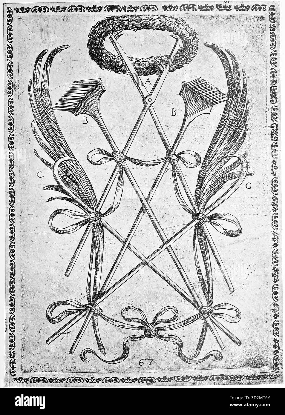Folter, Folterinstrumente, a. eisernes Hufeisen, B. Currycomb, c. Hufeisen, Illustration, Reproduktion eines Originals aus dem 16. Jahrhundert, Mittelalter, authentisch, Datei für optimale Verwendung restauriert, exaktes Datum des Originals unbekannt Stockfoto