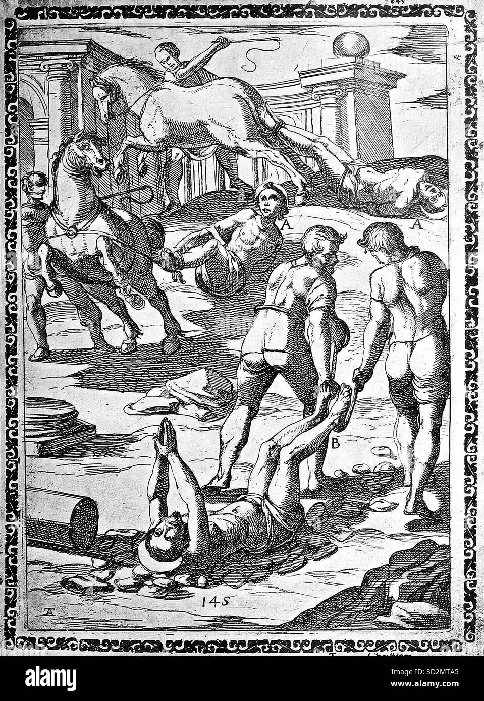 Folter, Folter, Inquisition, a. Sträflinge, die an den Hals oder den Schwanz wilder Pferde gebunden und grausam mitgeschleppt wurden, B. durch Straßen oder über steinige Orte mit Seilen an den Füßen. Illustration, Reproduktion eines Originals aus dem 16. Jahrhundert, Mittelalter, authentisch, Datei für optimale Verwendung restauriert, exaktes Datum des Originals unbekannt Stockfoto
