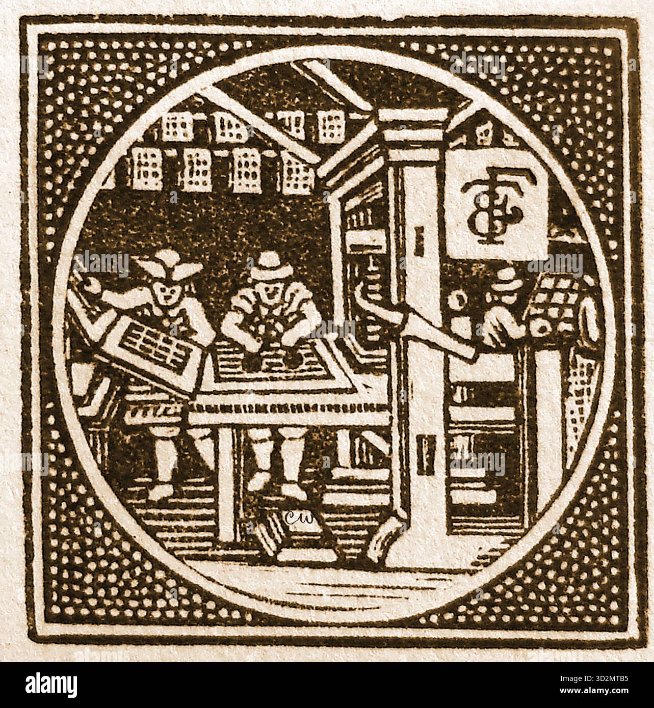 Ein früherer Holzblock, der eine frühe britische Druckerwerkstatt zeigt Stockfoto