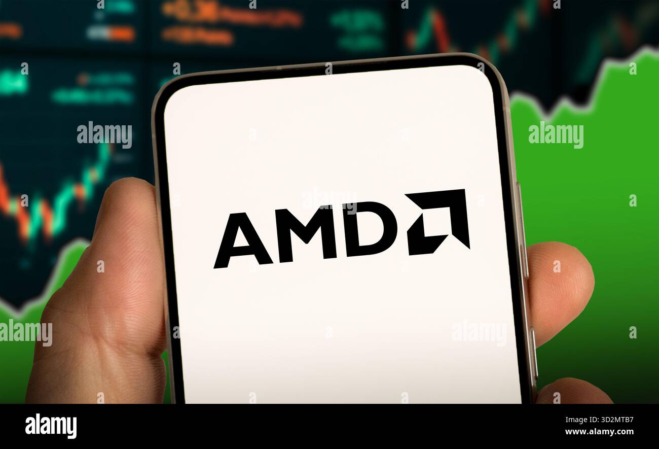 Das AMD-Firmenlogo wird auf dem Mobilgerät angezeigt Stockfoto