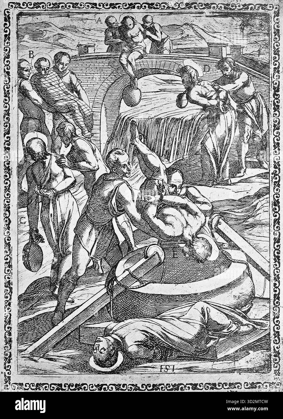 Folter, Qual, Inquisition, a. Sträflinge, die mit einem schweren Stein am Fuß in einen Fluss geworfen wurden, B. in Wasser gewickelt in ein Netz, c. in einen nahe gelegenen Fluss mit einem Stein um den Hals geworfen wurden, d. mit einem Bleigewicht um den Hals, d. mit dem Kopf in einen Brunnen geworfen, Illustration, Reproduktion eines Originals aus dem 16. Jahrhundert, Mittelalter, authentisch, Akte für optimale Verwendung restauriert, exaktes Datum des Originals unbekannt Stockfoto