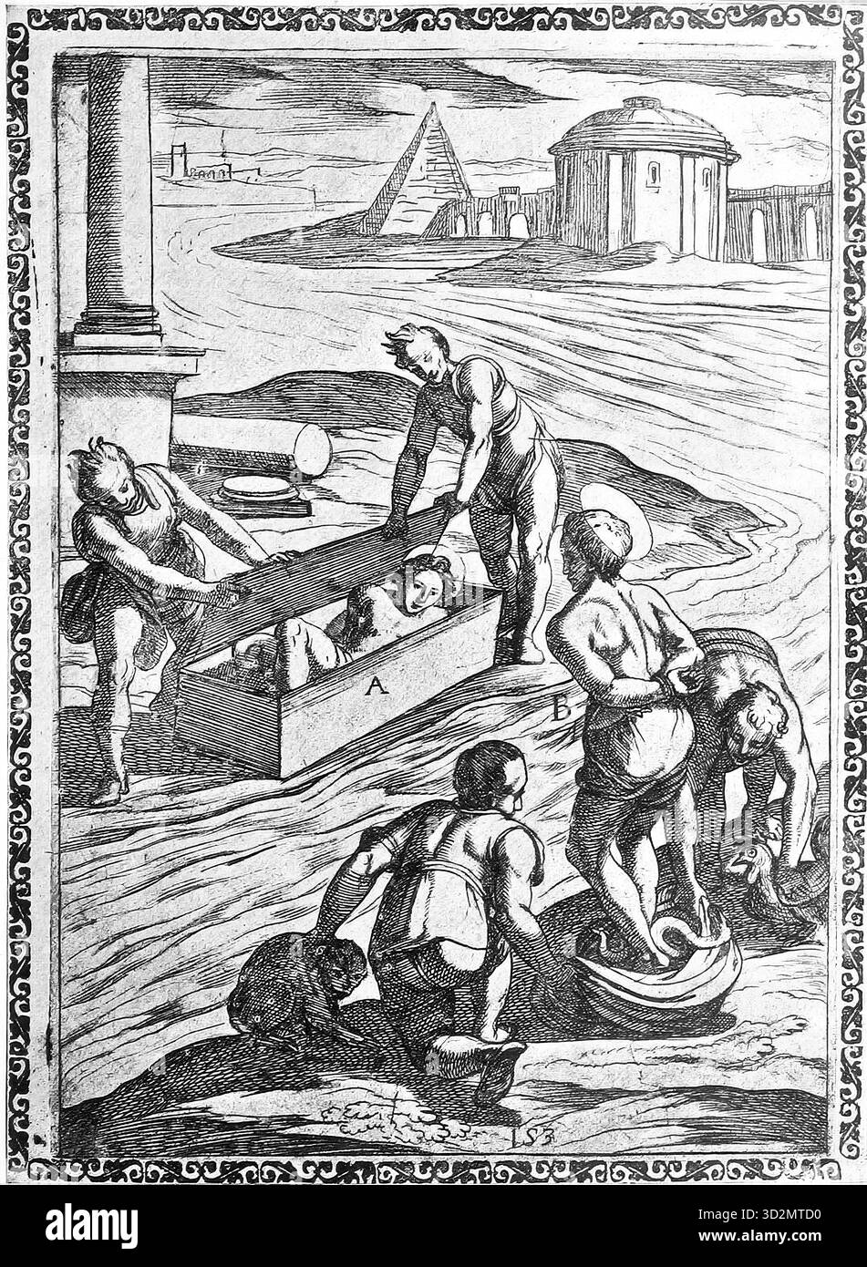 Folter, Qual, Inquisition, eine verurteilte Person, die in einer Blechdose eingeschlossen und in einem Fluss ertrunken ist, B. in einen Sack mit einem Hahn, einer Viper, einem Affen und einem Hund genäht und ins Meer oder in einen nahe gelegenen Fluss geworfen wurde. Illustration, Reproduktion eines Originals aus dem 16. Jahrhundert, Mittelalter, authentisch, Datei für optimale Verwendung restauriert, exaktes Datum des Originals unbekannt Stockfoto