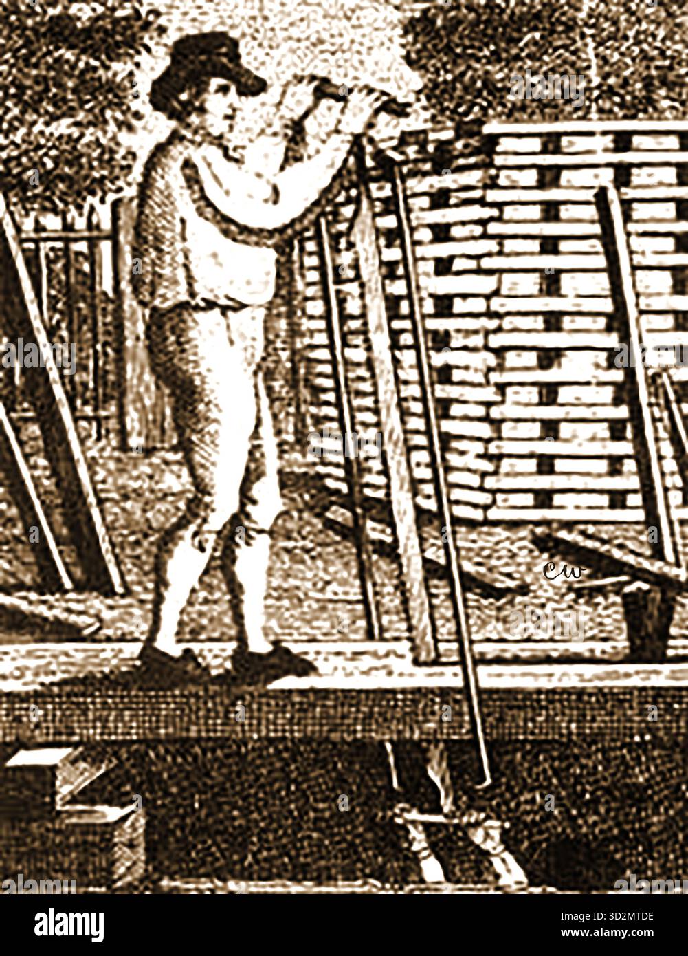 Eine Illustration aus den frühen 1800er Jahren, die sägen (eine in einer Grube) Sägeplanken mit einer langen zwei-Mann-Säge zeigt, die einst als „Elendungspeitsche“ bezeichnet wird Stockfoto