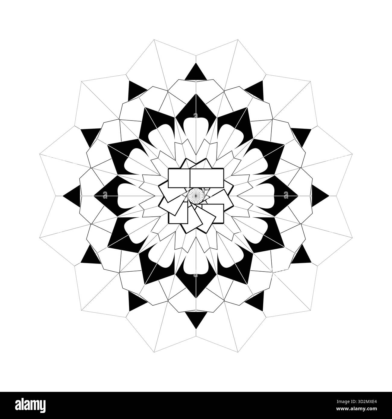 Geometrisches Mandala-Muster mit abstrakter Blumensymmetrie und kräftigem Schwarzweiß-Kontrast für modernes Design Stock Vektor