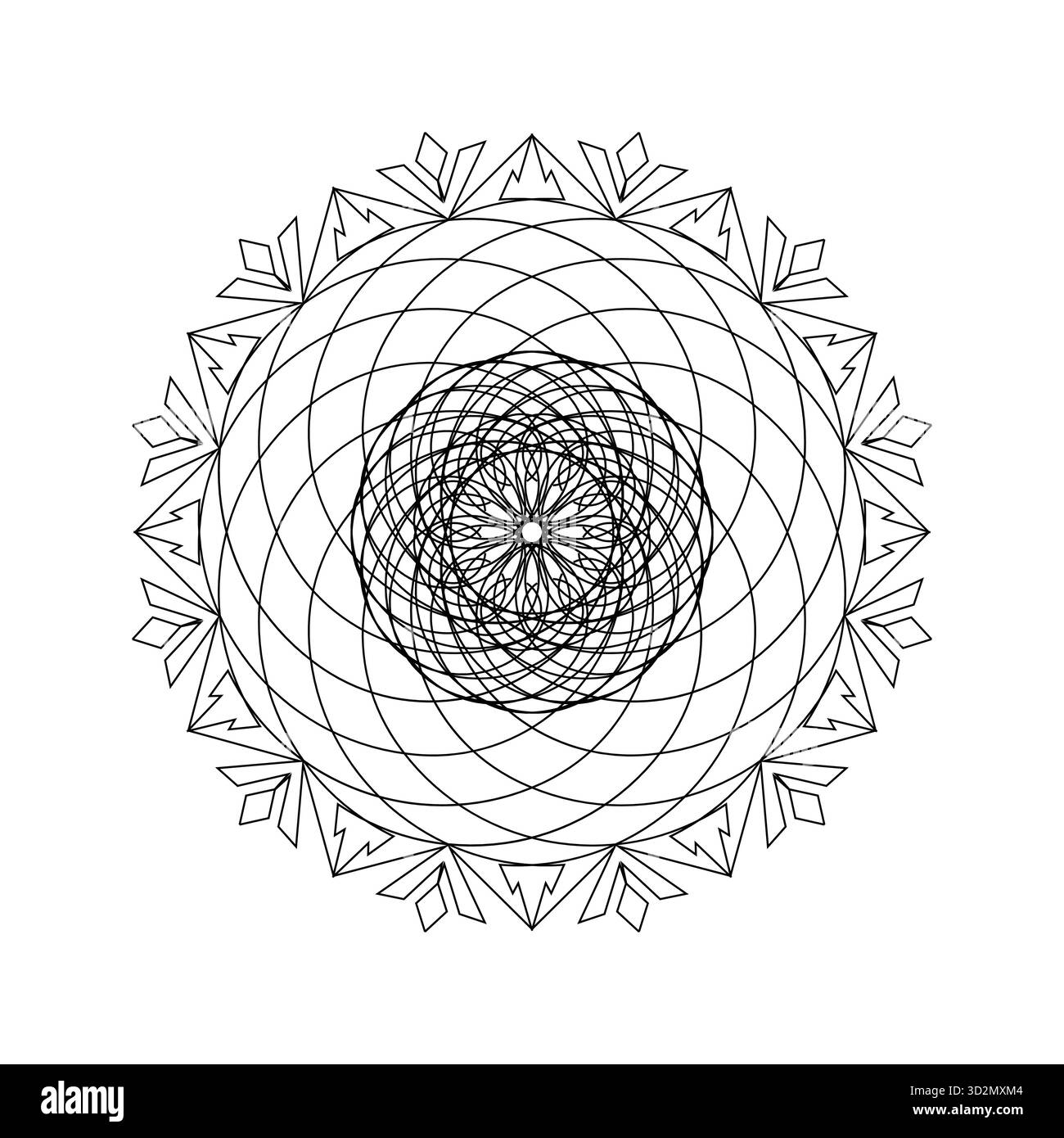 Elegante Symmetrie: Zarte geschwungene Blütenblatt-Mandala mit komplizierten Linien und Diamanten Stock Vektor