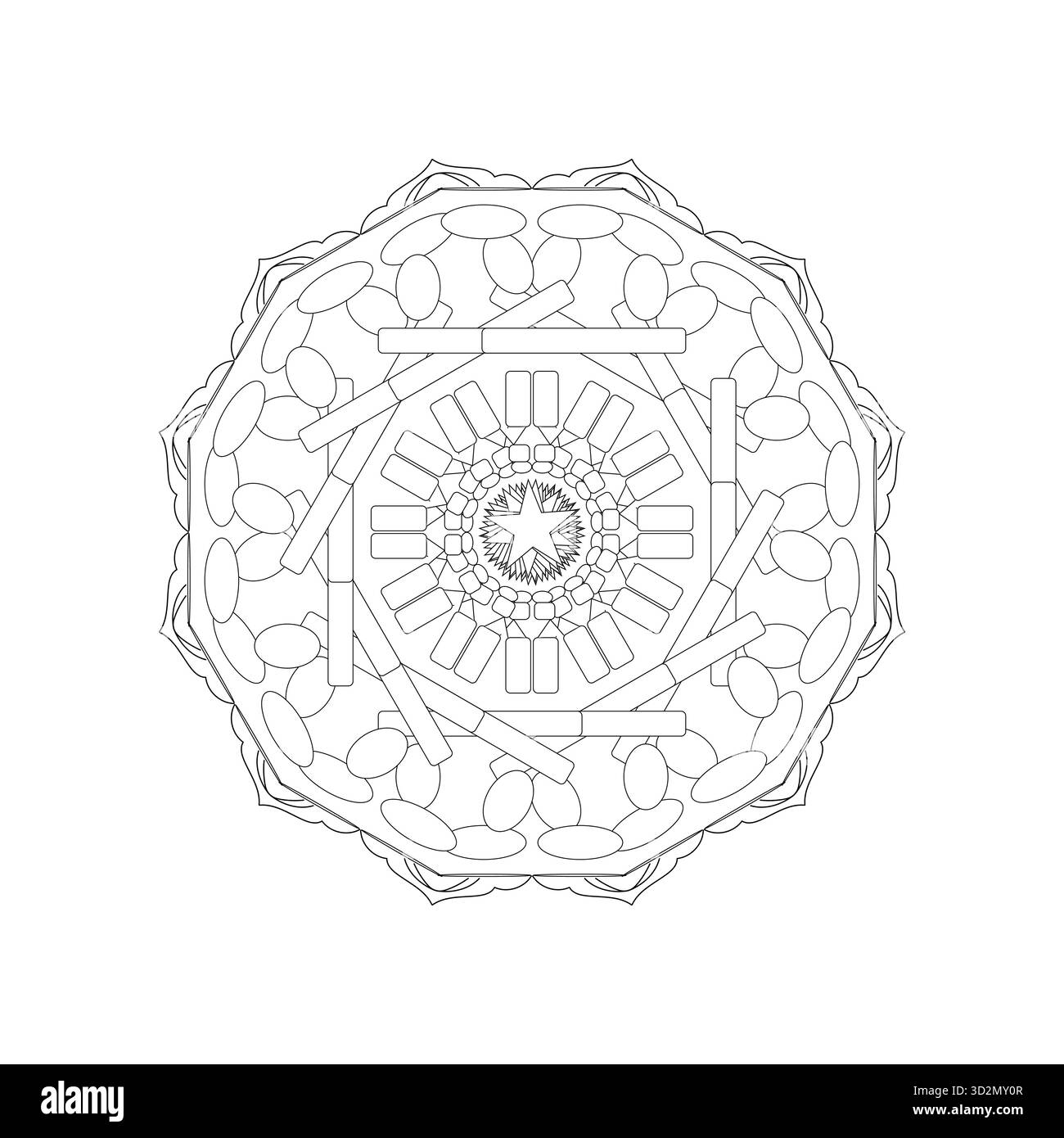 Einzigartige geometrische Mandala-Outline: Symmetrische Sterne und gemischte Formen für kreative Malkunst Stock Vektor