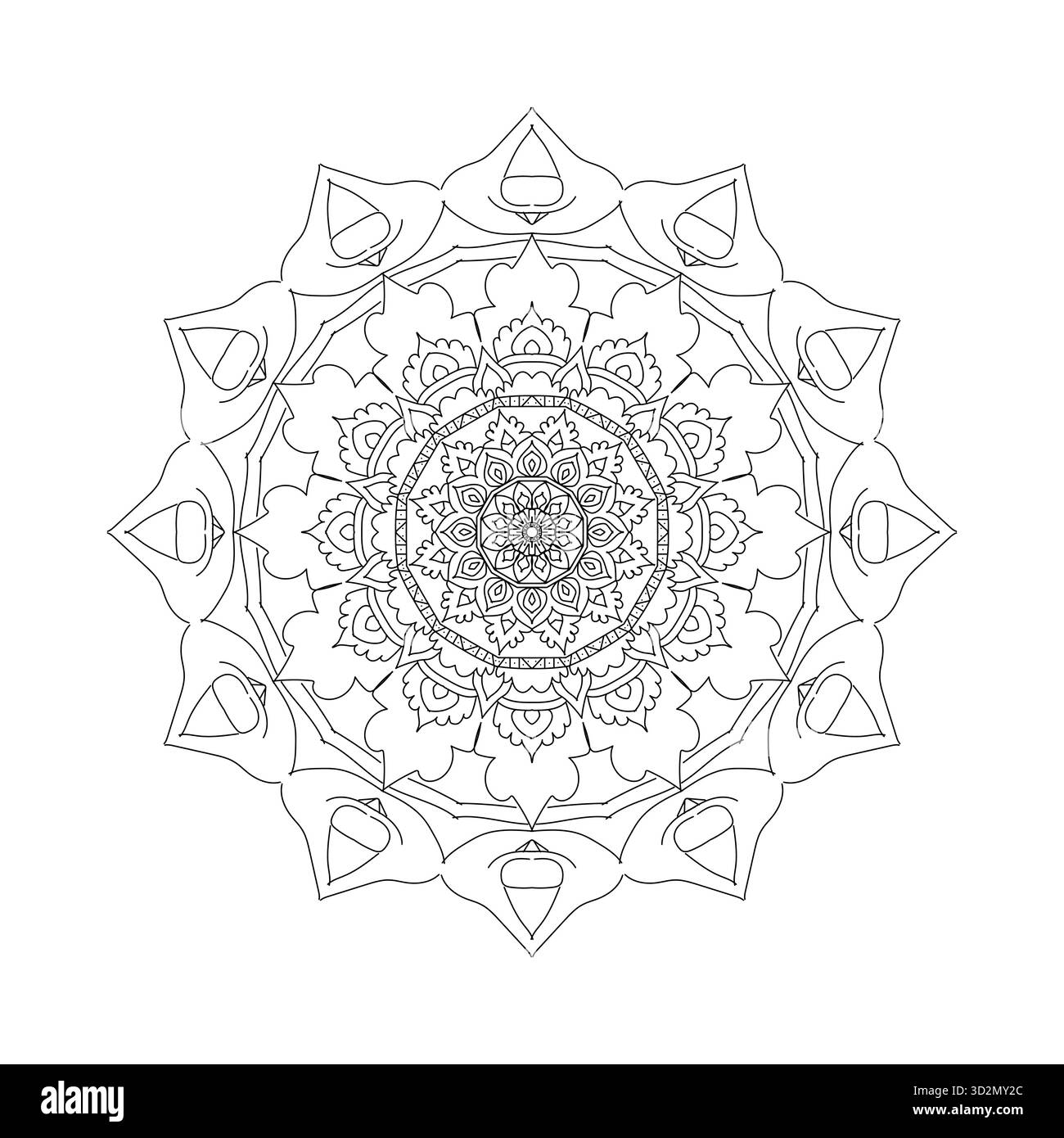 Komplexe Layered Mandala Coloring Page: Sternform und detailliertes symmetrisches radiales Muster Stock Vektor