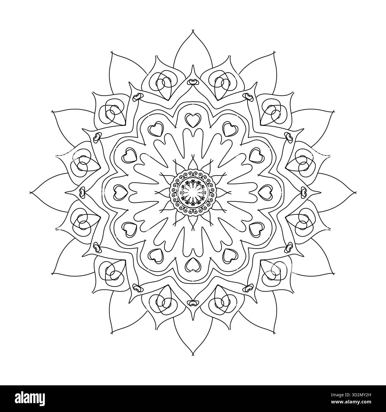 Kompliziertes Herz-Mandala-Ausmalseite: Symmetrisches Blumendesign für Liebe und Entspannung Stock Vektor