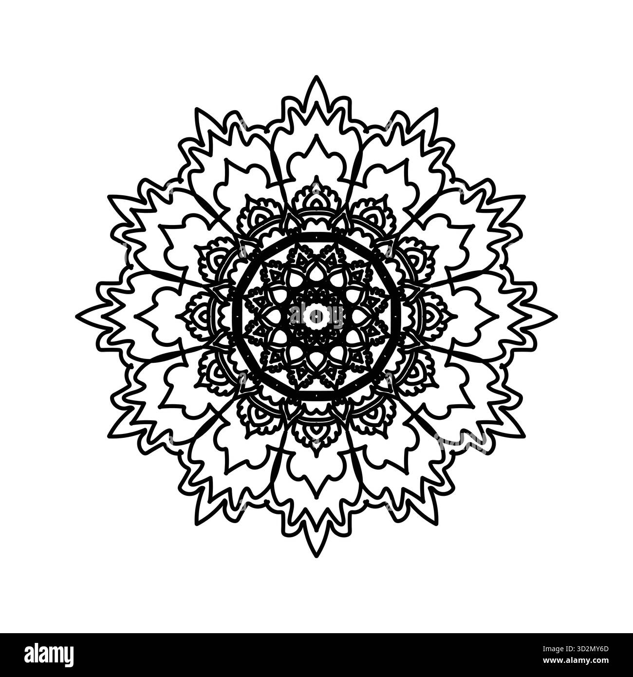 Auffällige, spitze Mandala-Ausmalseite: Komplexe dunkle Linien und symmetrisches Blumenmuster Stock Vektor